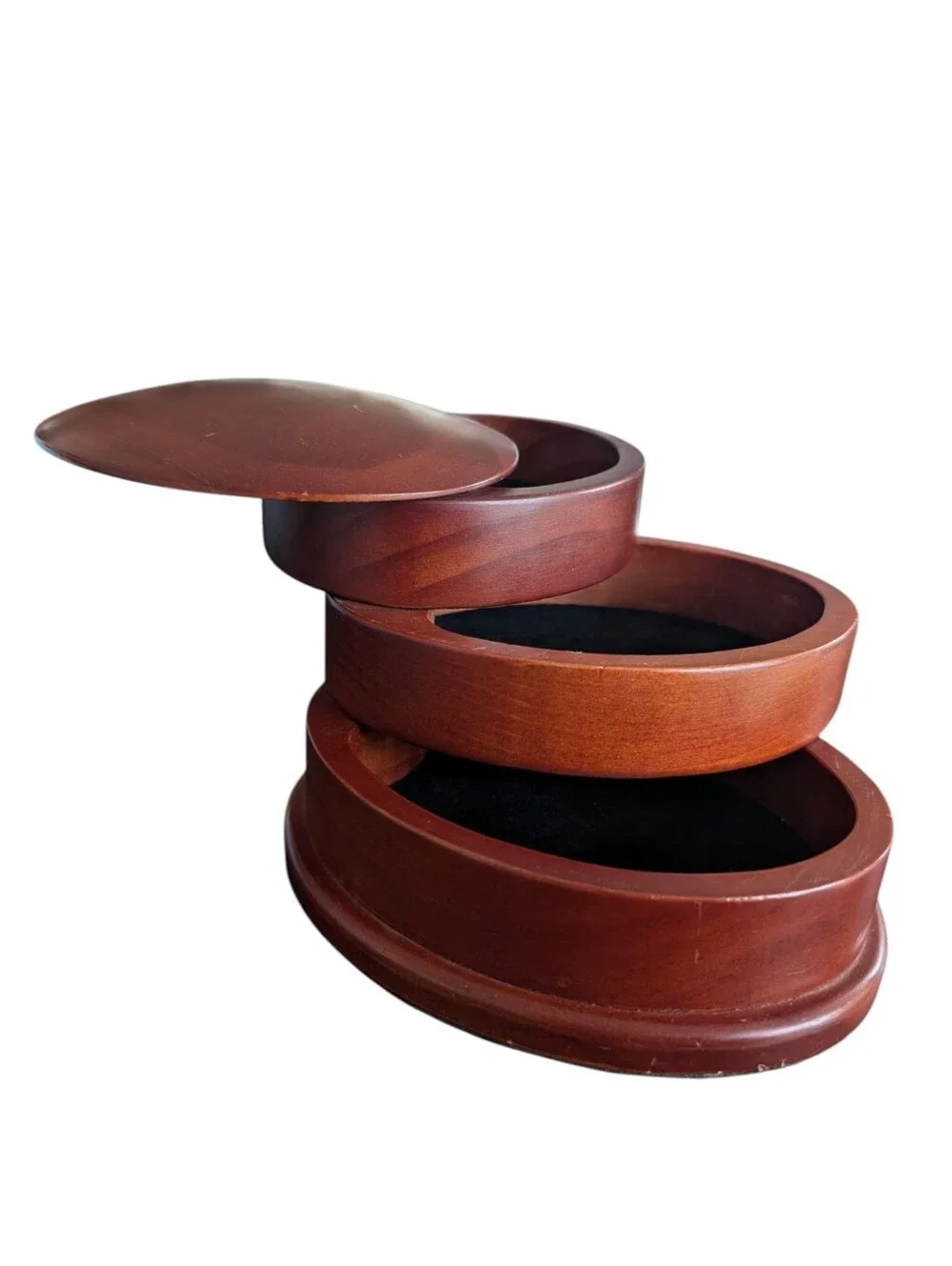 Vintage 3 Tier, Wooden, Swivel, Velvet Lined, Oval Jewelry Box.